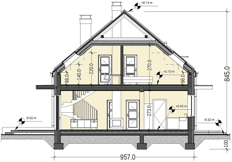 Przekrój projektu domu Sowa 15 z garażem