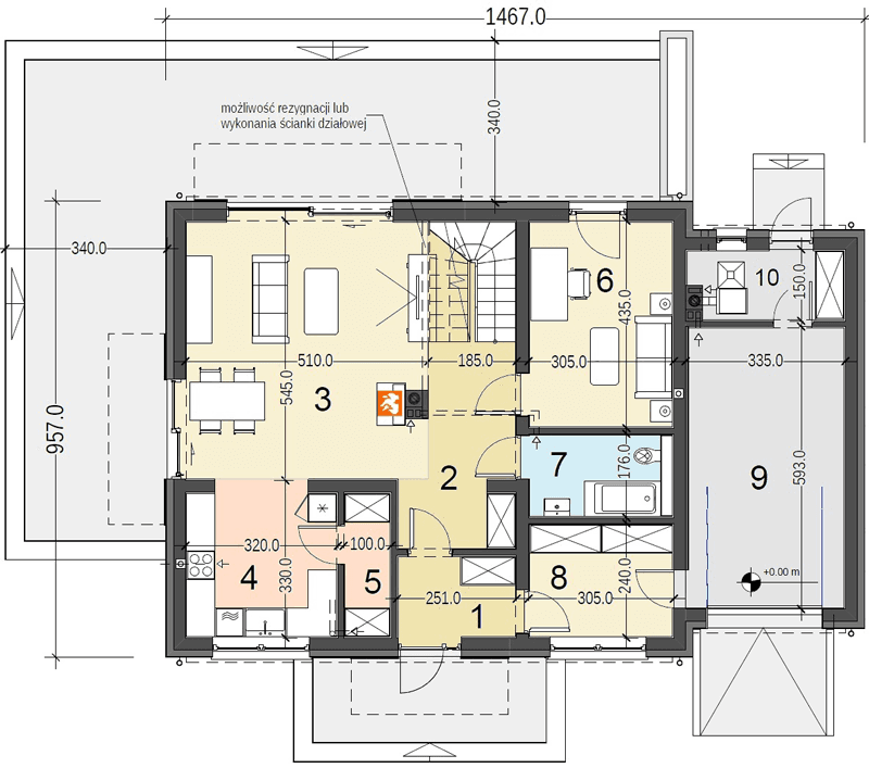 Rzut parteru projektu domu jednorodzinnego Sowa 15 z garażem