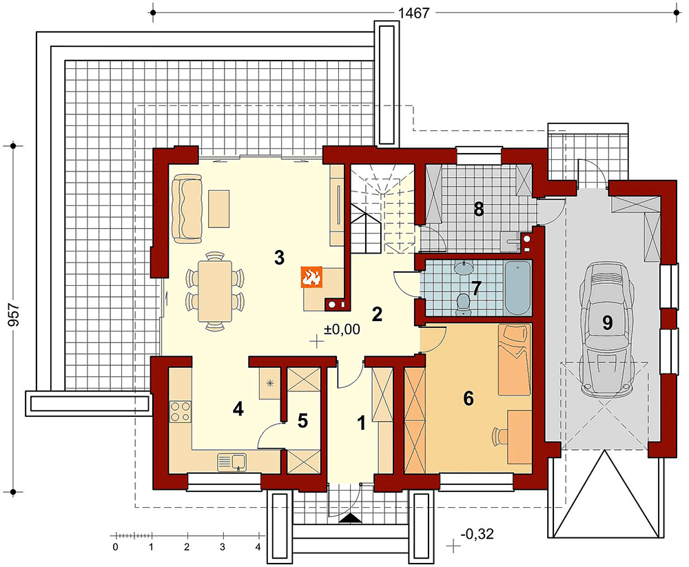 Rzut parteru projektu domu jednorodzinnego Sowa 2 z garażem