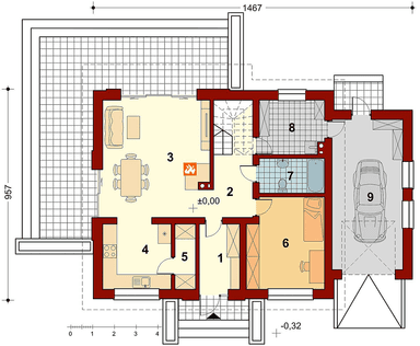 Rzut parteru projektu domu jednorodzinnego Sowa 2 z garażem