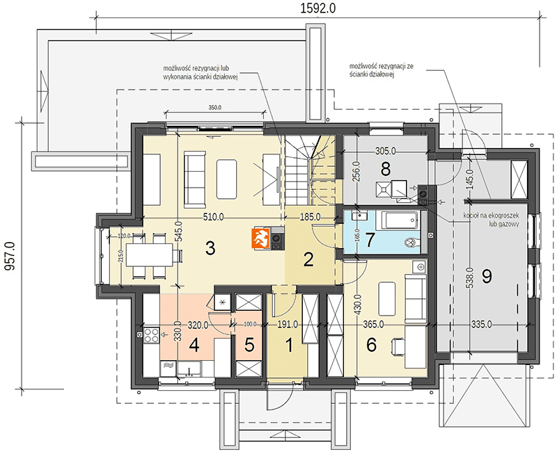 Rzut parteru projektu domu jednorodzinnego Sowa 4z garażem