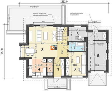Rzut parteru projektu domu jednorodzinnego Sowa 4z garażem