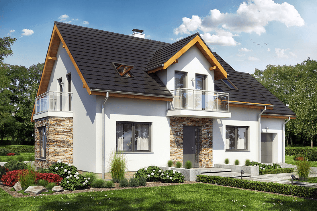 Widok na dom jednorodzinny Sowa 4 z garażem 2-stanowiskowym