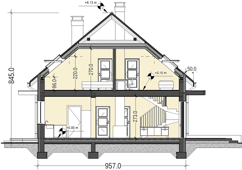 Przekrój projektu domu Sowa 16 bez garażu