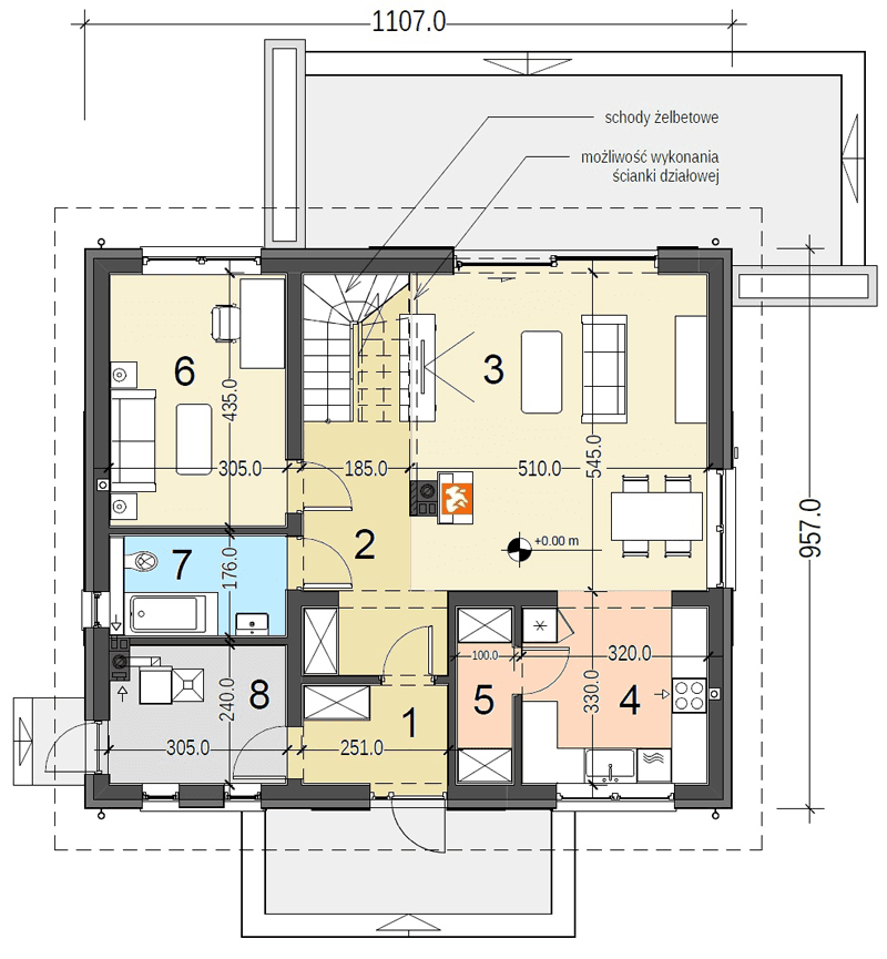 Rzut parteru projektu domu jednorodzinnego Sowa 16 bez garażu