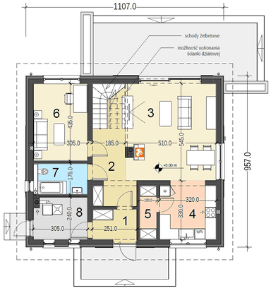 Rzut parteru projektu domu jednorodzinnego Sowa 16 bez garażu
