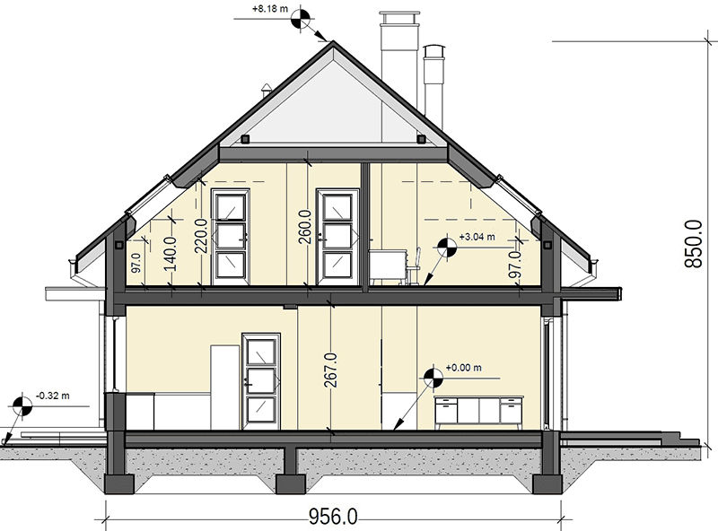 Przekrój projektu domu Sznaucer 5 z garażem