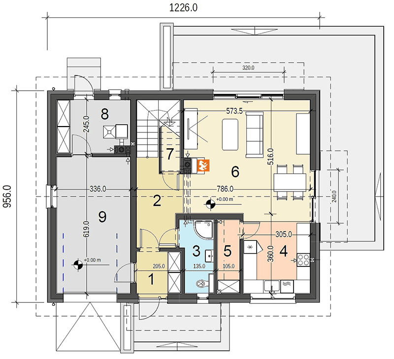 Rzut parteru projektu domu jednorodzinnego Sznaucer 5 z garażem