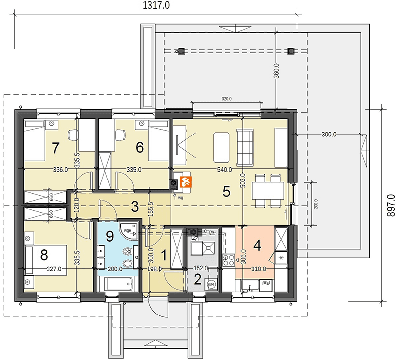 Rzut parteru domu jednorodzinnego Terrier 2 bez garażu