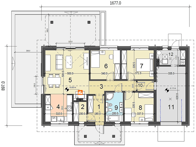 Rzut parteru projektu domu jednorodzinnego Terrier 3 z garażem