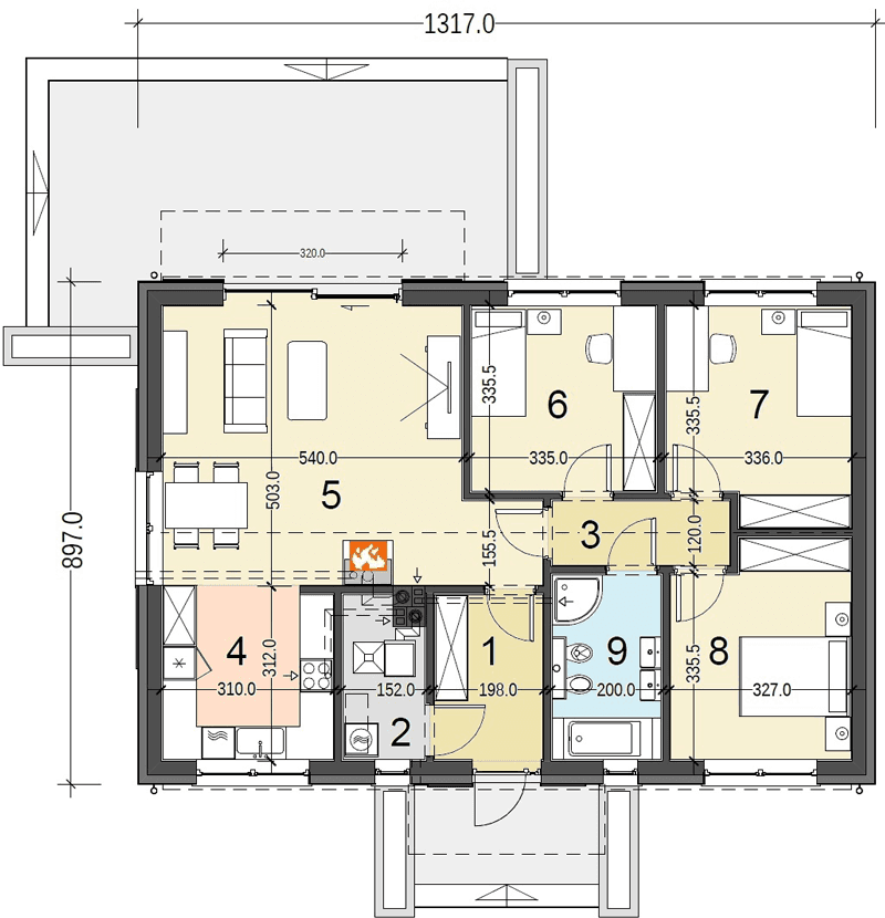 Rzut parteru domu jednorodzinnego Terrier 6 bez garazu