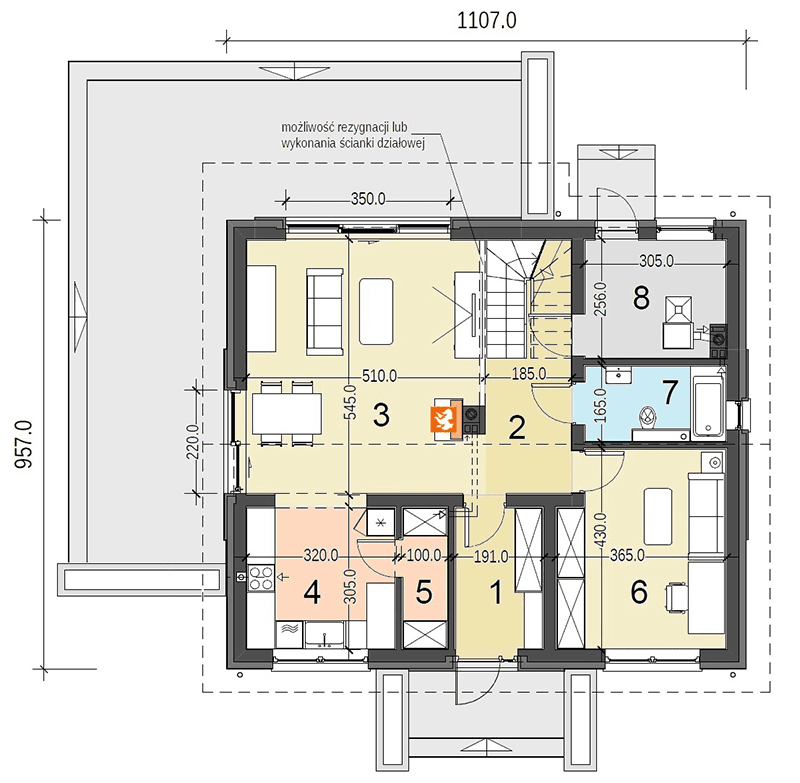 Rzut parteru domu jednorodzinnego Sowa 1 bez garażu