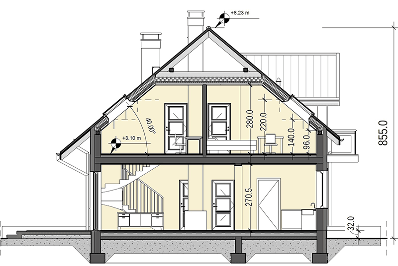 Przekrój domu jednorodzinnego Sowa z garażem 2 st.
