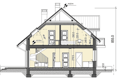 Przekrój domu jednorodzinnego Sowa z garażem 2 st.