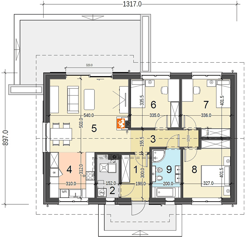 Rzut parteru domu jednorodzinnego Terrier 5 bez garażu