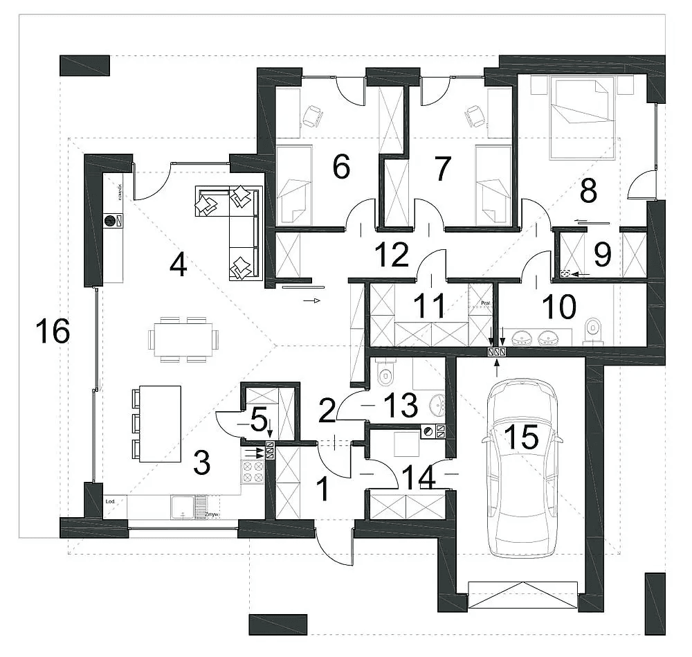 Rzut parteru domu jednorodzinnego CIEKAWY D48