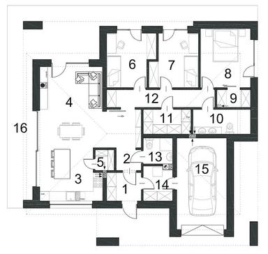 Rzut parteru domu jednorodzinnego CIEKAWY D48