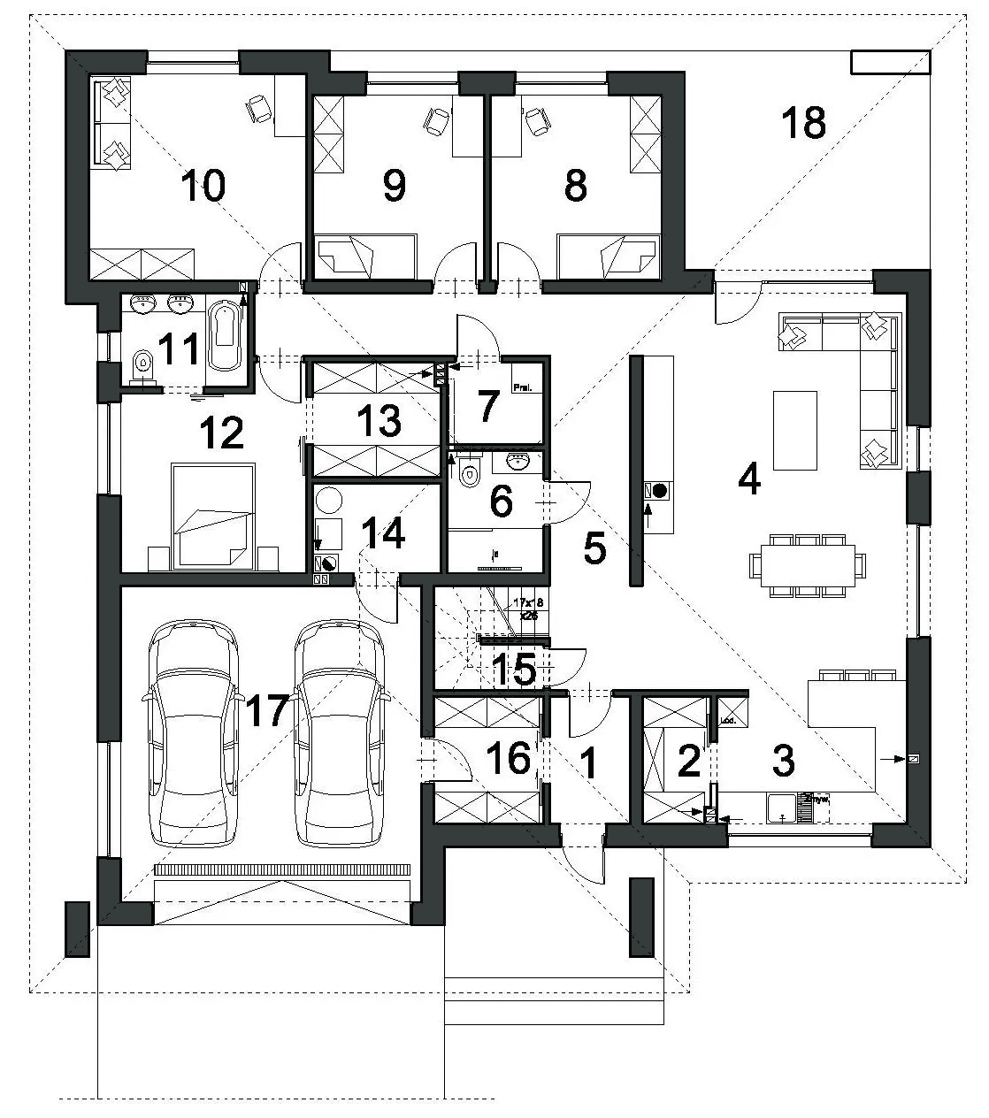 Rzut parteru domu jednorodzinnego DOSTĘPNY D45