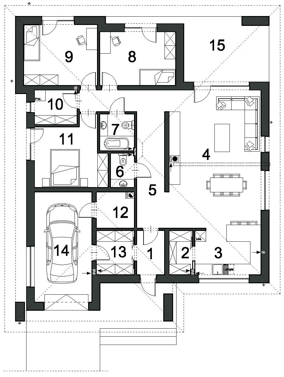 Rzut parteru domu jednorodzinnego DOSTĘPNY D45 wariant I