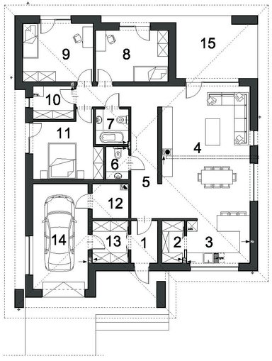 Rzut parteru domu jednorodzinnego DOSTĘPNY D45 wariant I