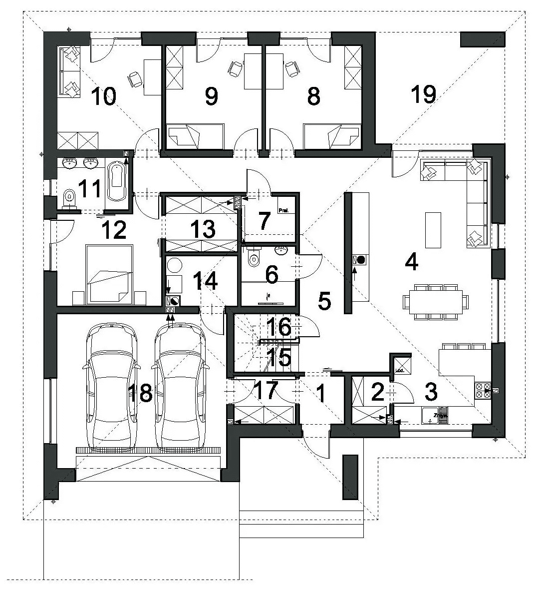 Rzut parteru domu jednorodzinnego DOSTĘPNY D45 wariant II