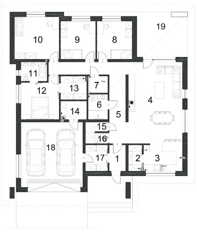 Rzut parteru domu jednorodzinnego DOSTĘPNY D45 wariant III