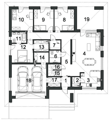 Rzut parteru domu jednorodzinnego DOSTĘPNY D45 wariant IV