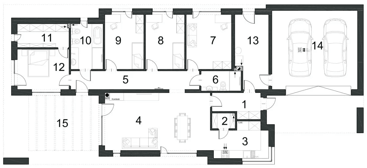 Rzut parteru domu jednorodzinnego EKSPRESYJNY D73