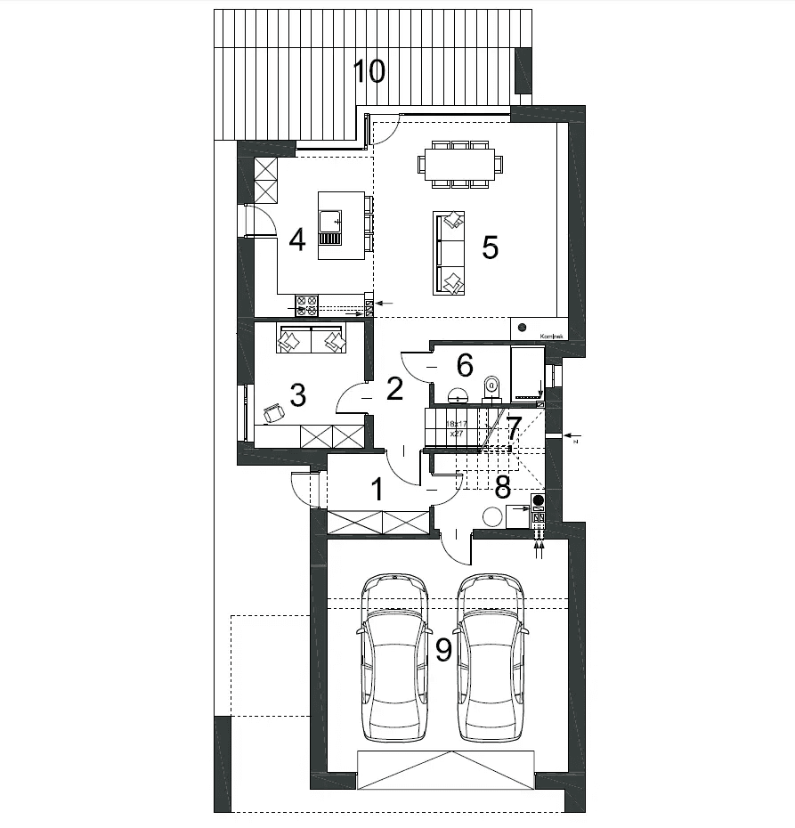 Rzut parteru domu jednorodzinnego GUSTOWNY D39