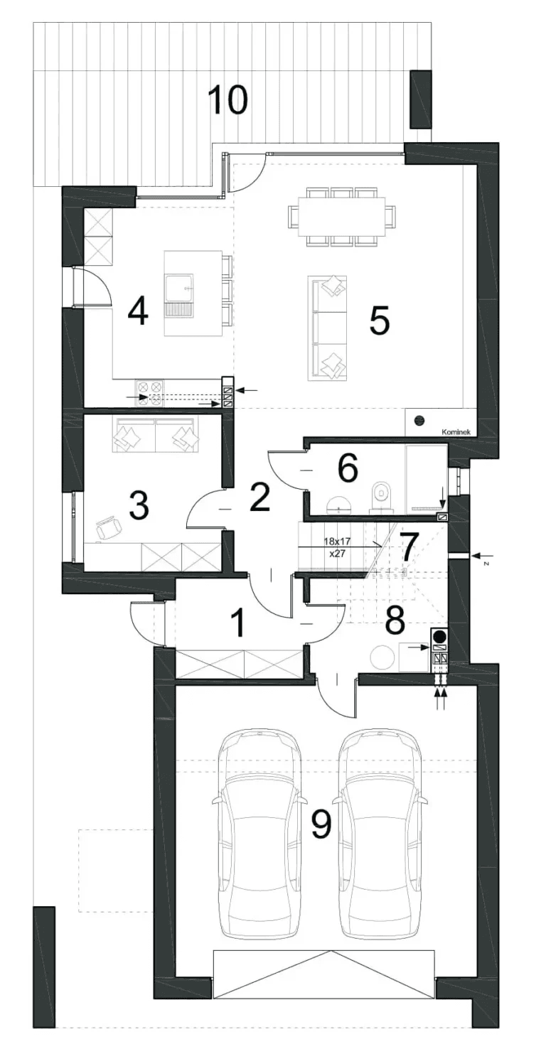 Rzut parteru domu jednorodzinnego GUSTOWNY D39 wariant I