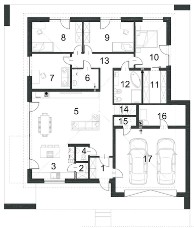 Rzut parteru domu jednorodzinnego HARMONIJNY D56