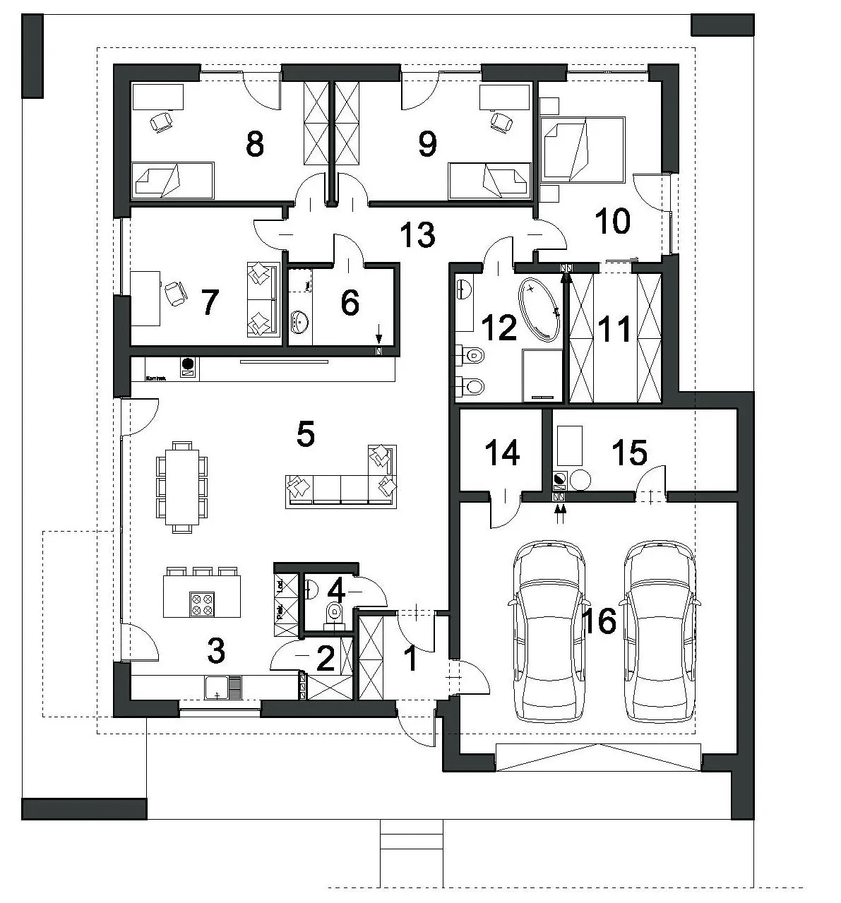 Rzut parteru domu jednorodzinnego HARMONIJNY D56 wariant I