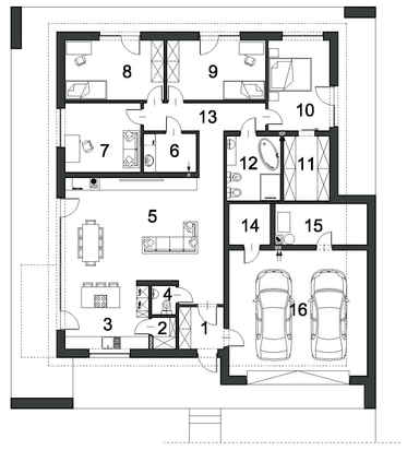 Rzut parteru domu jednorodzinnego HARMONIJNY D56 wariant I