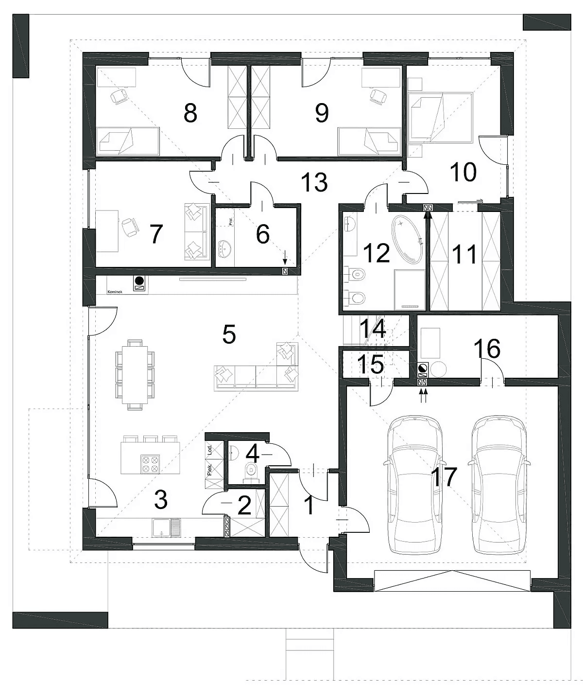 Rzut parteru domu jednorodzinnego HARMONIJNY D56 wariant II