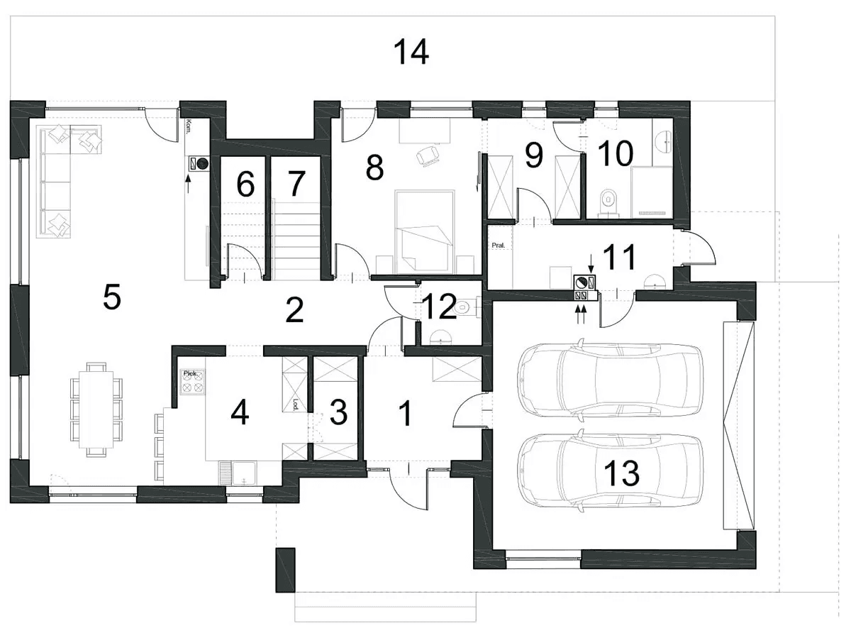 Rzut parteru domu jednorodzinnego INTENSYWNY D74