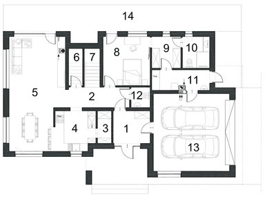 Rzut parteru domu jednorodzinnego INTENSYWNY D74