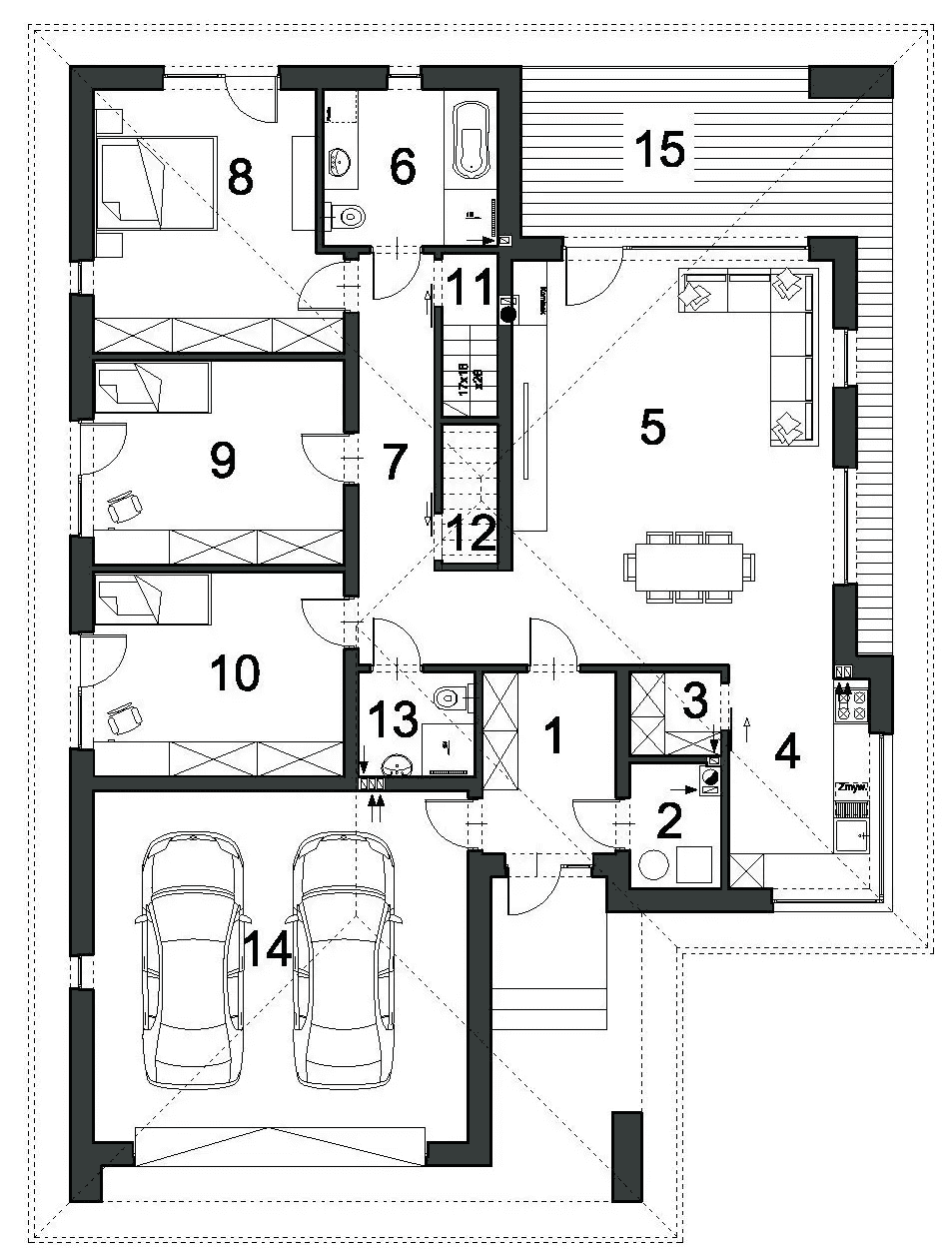 Rzut parteru domu jednorodzinnego NATURALNY D60