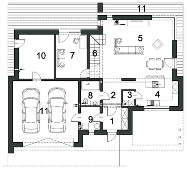 Rzut parteru domu jednorodzinnego NOWATORSKI D57