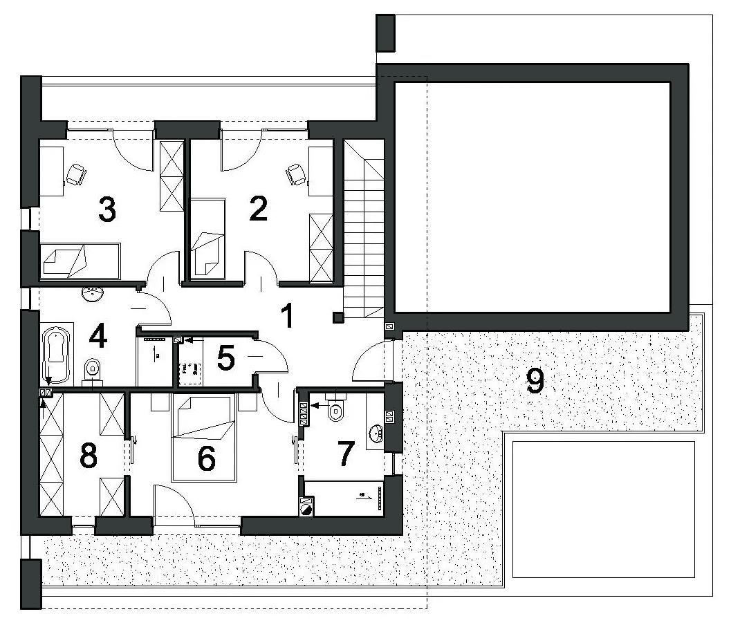 Rzut piętra domu jednorodzinnego NOWATORSKI D57