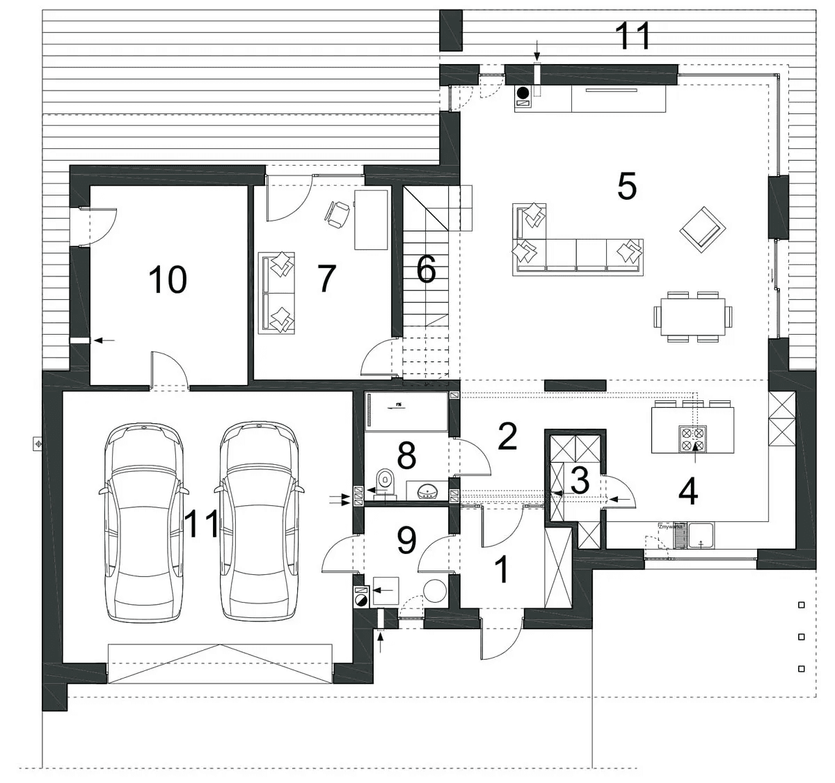 Rzut parteru domu jednorodzinnego NOWATORSKI D57 wariant I