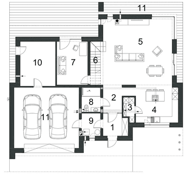 Rzut parteru domu jednorodzinnego NOWATORSKI D57 wariant I