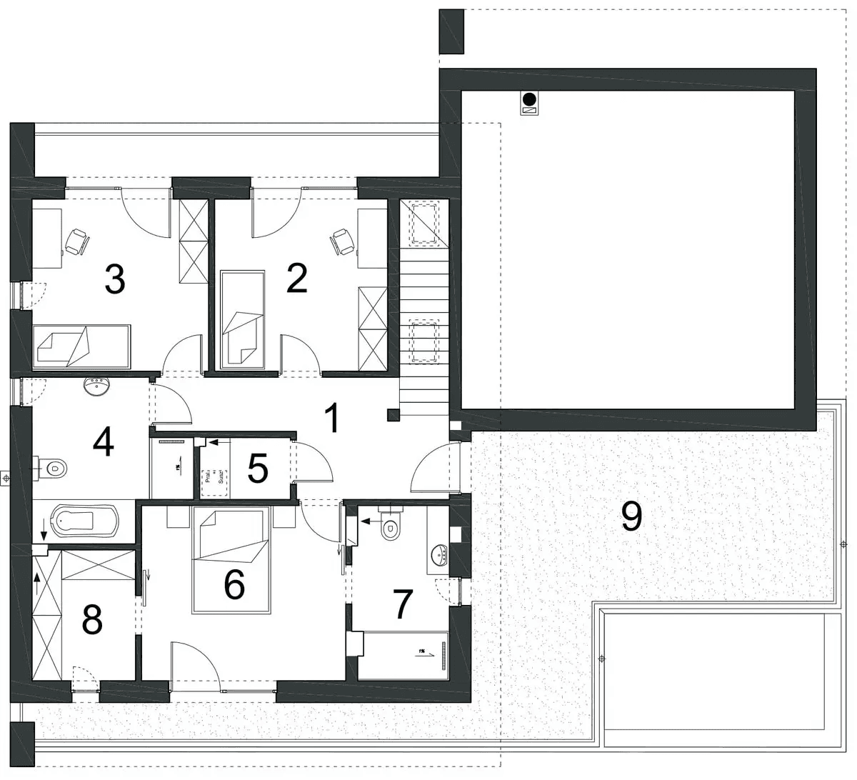 Rzut piętra domu jednorodzinnego NOWATORSKI D57 wariant I