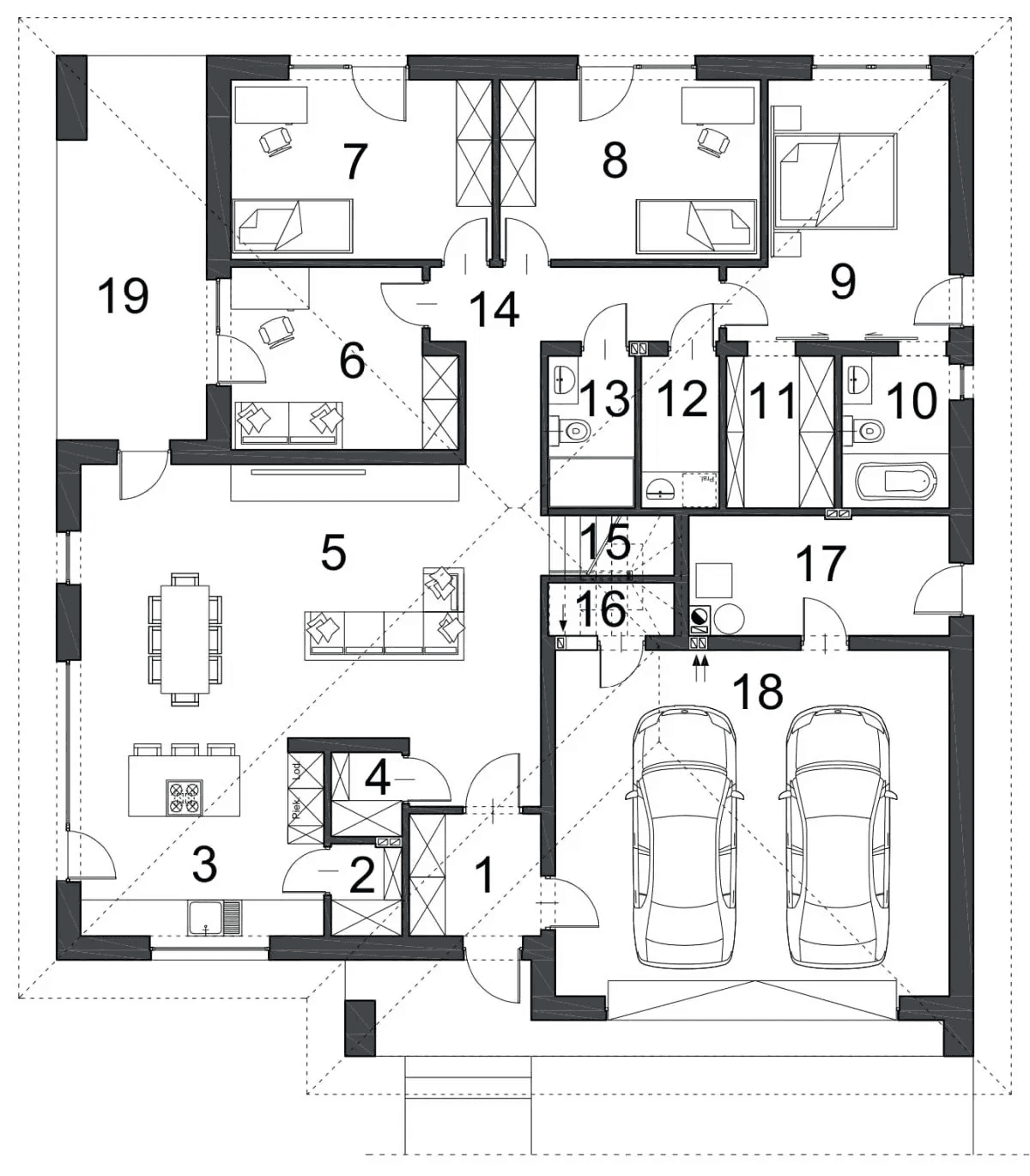Rzut parteru domu jednorodzinnego PEWNY D65