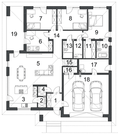 Rzut parteru domu jednorodzinnego PEWNY D65