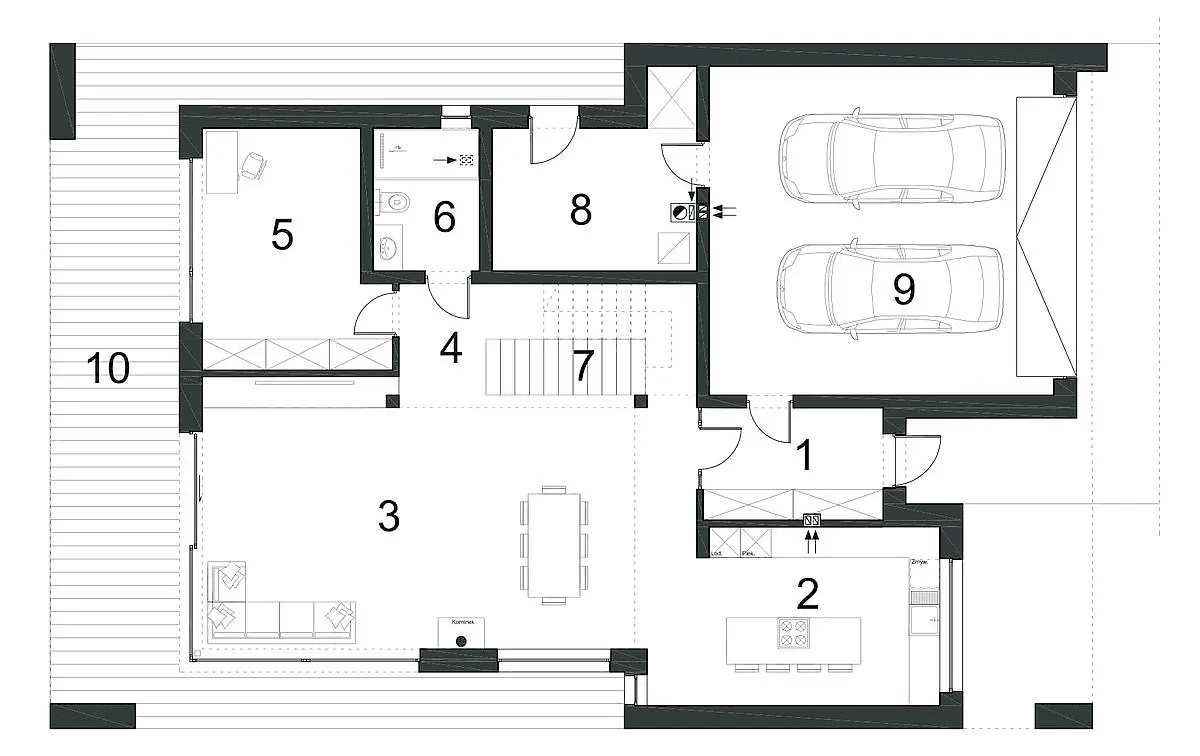 Rzut parteru domu jednorodzinnego PRECYZYJNY D59