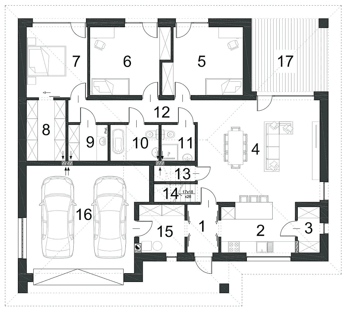 Rzut parteru domu jednorodzinnego PRZYSTĘPNY D61