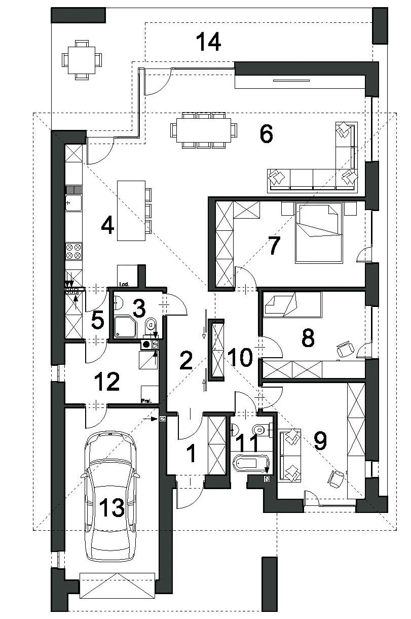 Rzut parteru domu jednorodzinnego SPOKOJNY D51