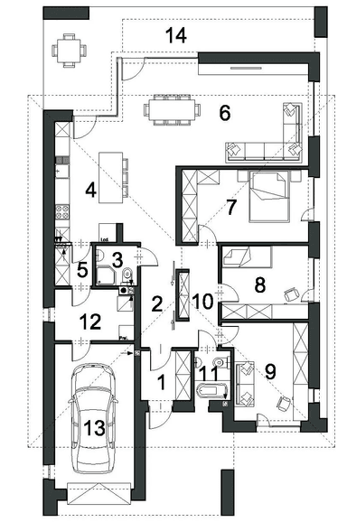 Rzut parteru domu jednorodzinnego SPOKOJNY D51