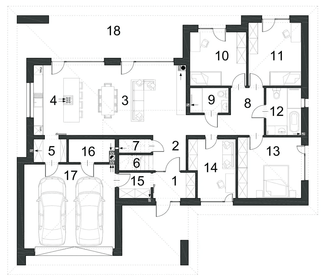 Rzut parteru domu jednorodzinnego SWOBODNY D76