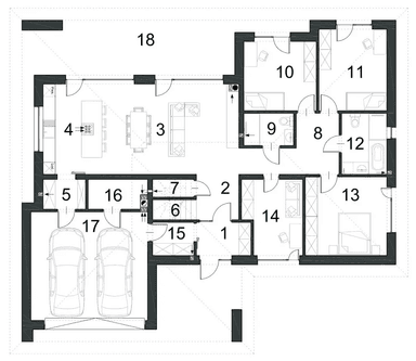 Rzut parteru domu jednorodzinnego SWOBODNY D76